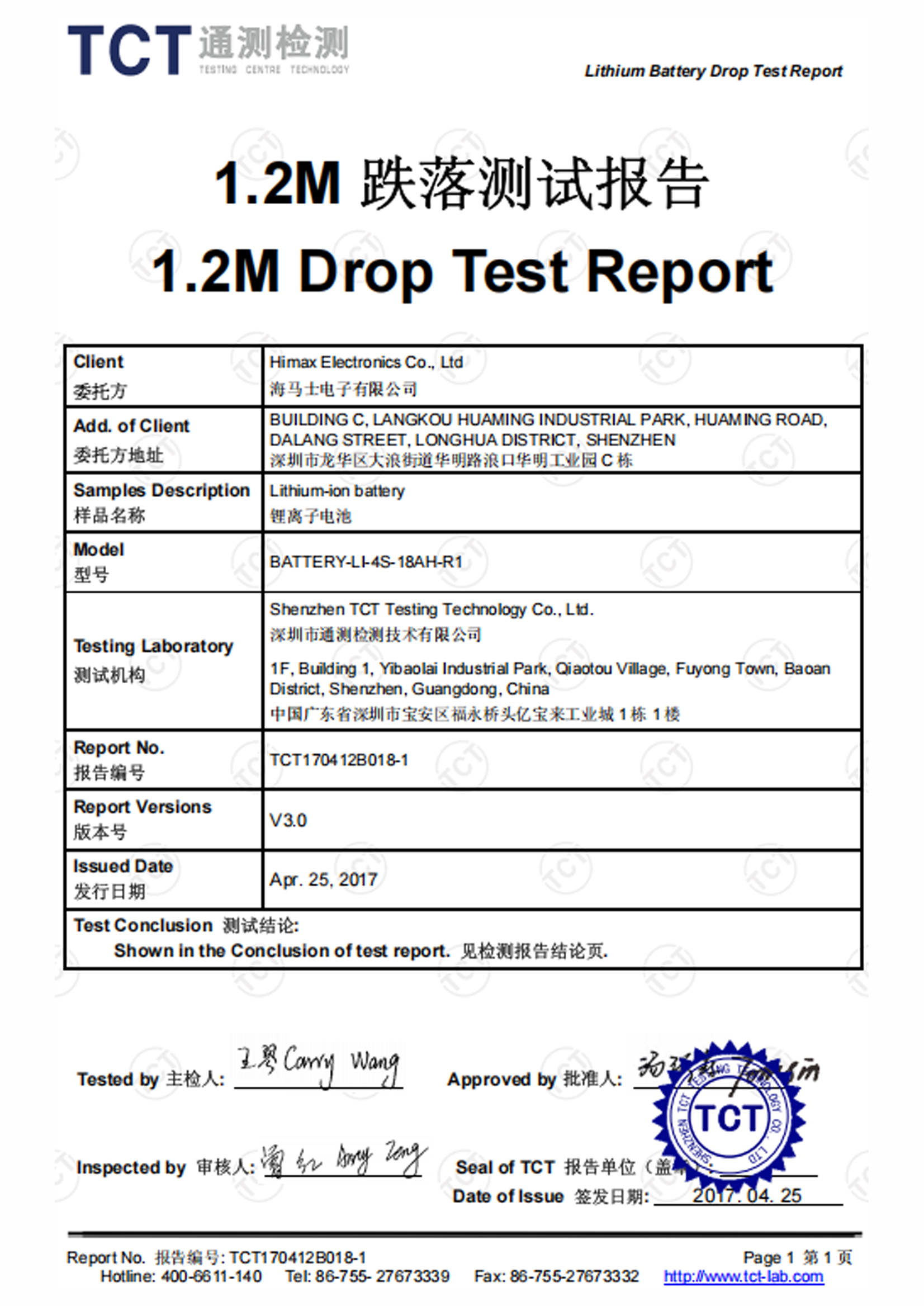 1.2m Drop Test Report
