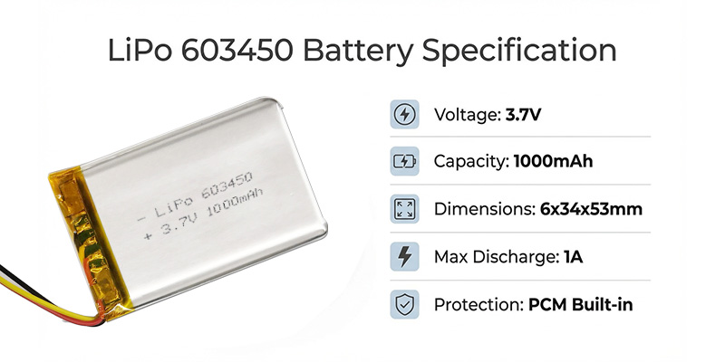 LiPo 603450 3.7V 1000mAh battery with PCM for GPS tracker, compact 6x34x53mm size