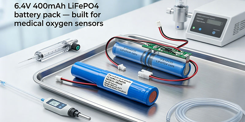 oxygen sensor medical device powered by 6.4V LiFePO4 rechargeable battery pack