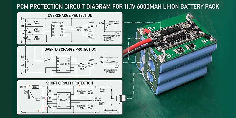 PCM protection circuit diagram for 11.1V 6000mAh li-ion battery pack – overcharge over-discharge short circuit protection
