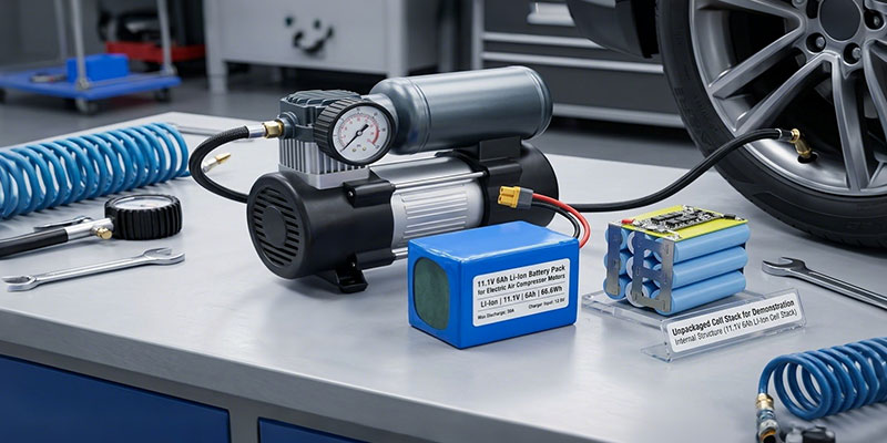 Electric air compressor powered by 11.1V lithium ion battery pack – portable cordless air pump motor application