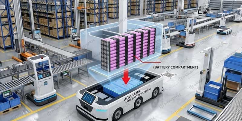 Industrial AMR powered by a high capacity 21.6V robot battery solution in a warehouse