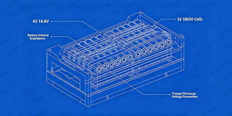 .4S lithium-ion cell configuration diagram showing 14.8V nominal voltage for mobile robot and AGV battery pack design