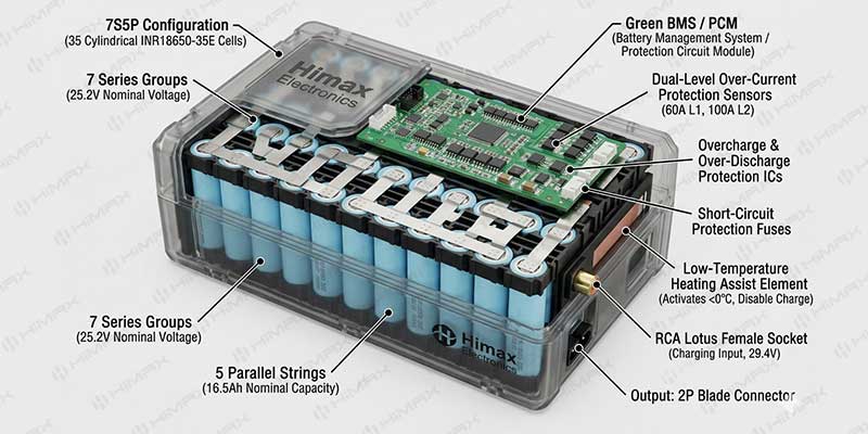 BMS protection circuit module inside a 7S5P lithium battery for electric golf caddy cart trolley, showing overcharge, over-discharge, and short-circuit protection components