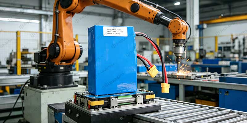 Robotics battery discharge curve chart comparing voltage stability of 14.8V 28Ah lithium battery under variable robotic workload