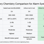 Battery for home alarm system installed in outdoor perimeter infrared sensor