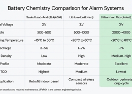 Battery for home alarm system installed in outdoor perimeter infrared sensor