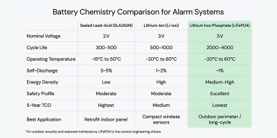 Battery for home alarm system installed in outdoor perimeter infrared sensor