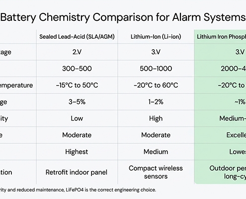 Battery for home alarm system installed in outdoor perimeter infrared sensor