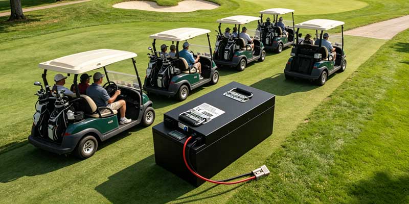 Electric golf cart powered by LiFePO4 battery upgrade driving on sunny golf course with 35-50km range per charge
