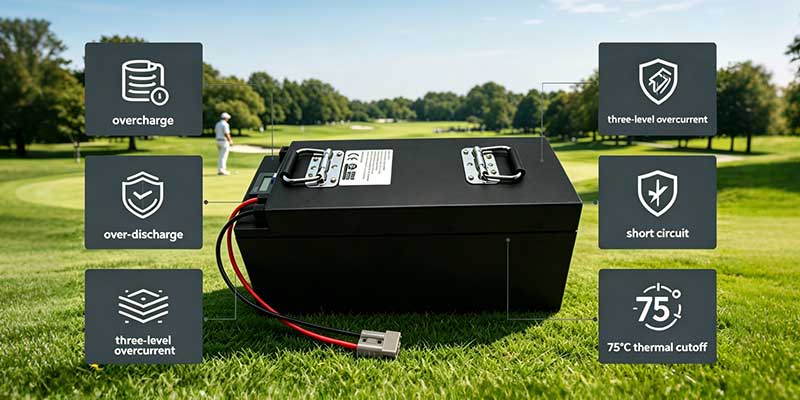 Six-layer BMS protection for 51.2V LiFePO4 golf cart battery including overcharge over-discharge three-level overcurrent short circuit and 75°C thermal cutoff
