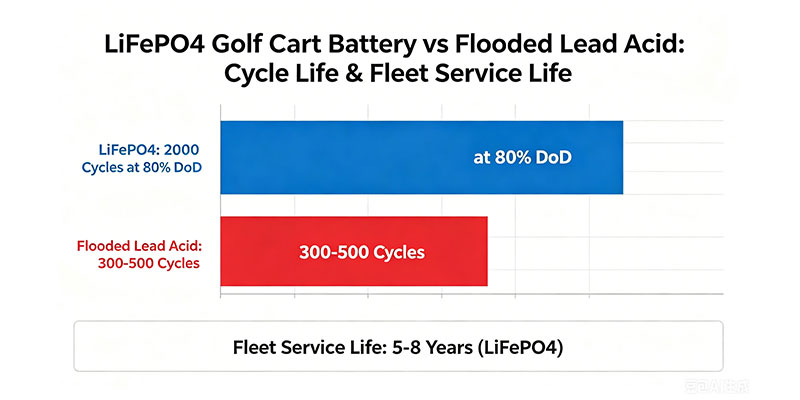 Cycle life comparison chart LiFePO4 golf cart battery 2000 cycles at 80% DoD versus flooded lead acid 300-500 cycles showing 5-8 years fleet service life
