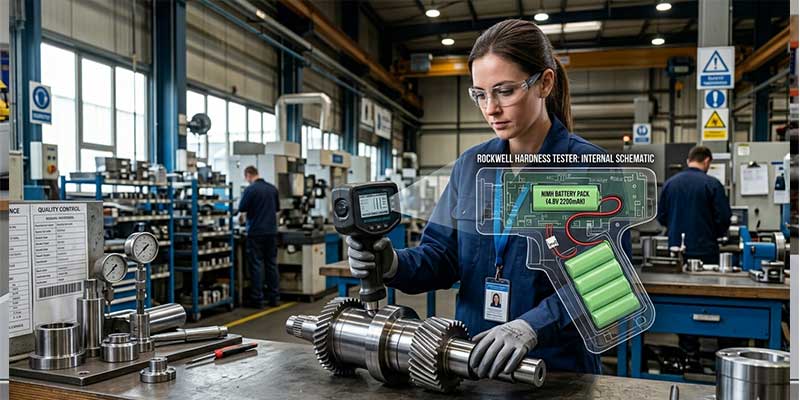 NiMH 4.8V battery powering a portable hardness tester in industrial field testing