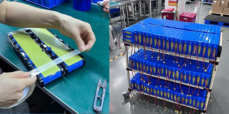 Assembled 12.8V 24Ah LiFePO4 battery pack in blue PVC enclosure with XT60 connector, alongside internal structure showing BMS board and 32700 cell assembly for CCTV backup power