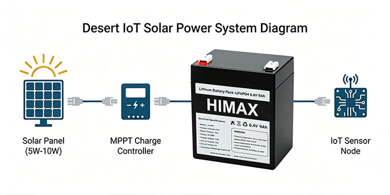 LiFePO4 6.4V battery charging from solar panel in desert IoT system