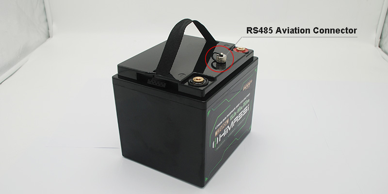 12.8V 40Ah LiFePO4 battery pack with RS485 communication port and aviation-grade connector housed in ABS lead-acid replacement enclosure for emergency lighting applications