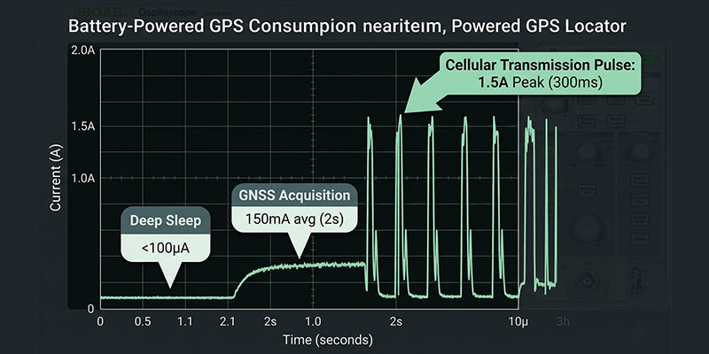 GPS locator current consumption waveform: deep sleep, GNSS acquisition, and cellular transmission pulses up to 1.5A peak