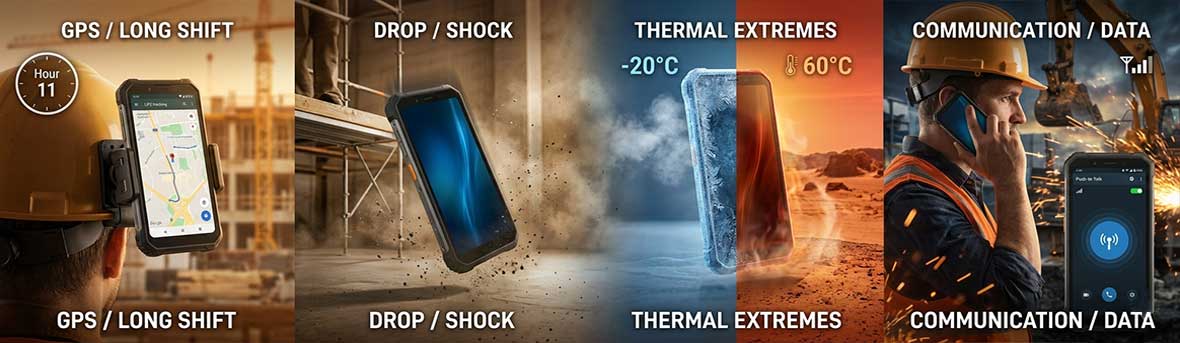 Himax electronics rugged smartphone battery endures drop impact freezing -20°C desert heat 60°C and PTT radio communication with stable high-capacity 6000mAh output.