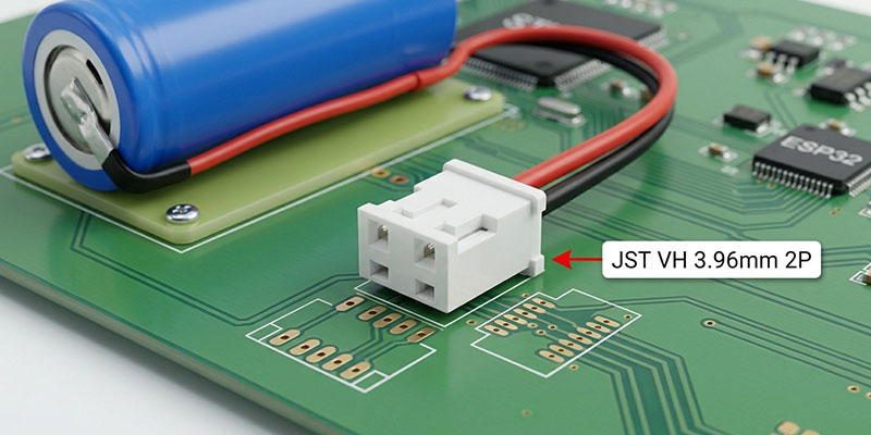 JST VH 3.96mm 2P connector on LiFePO4 3.2V battery pack for PCB embedded design