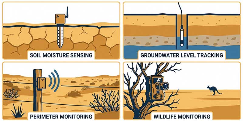 Desert IoT sensor node applications: soil moisture, water level, wildlife monitoring, fence detection