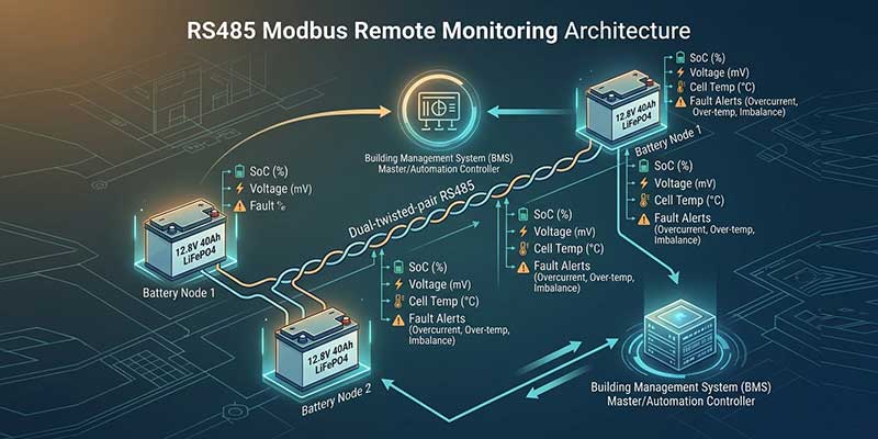 System diagram showing RS485 Modbus communication network connecting 40Ah LiFePO4 battery nodes to a building management system for remote monitoring of state of charge, voltage, temperature, and fault alerts in emergency lighting installations