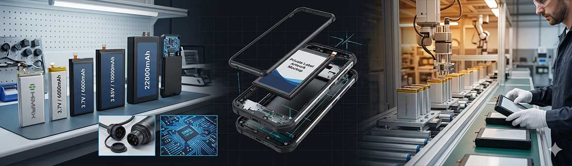 Himax electronics custom rugged smartphone battery engineering with 6000mAh to 22000mAh variants BMS protection circuits and automated production floor for OEM integration.