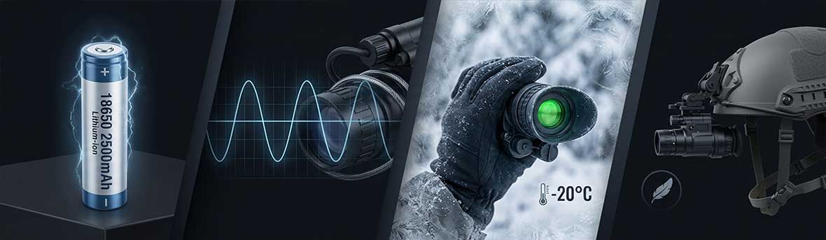 Himax 18650 2500mAh NVG battery features - low noise, cold weather, and lightweight design