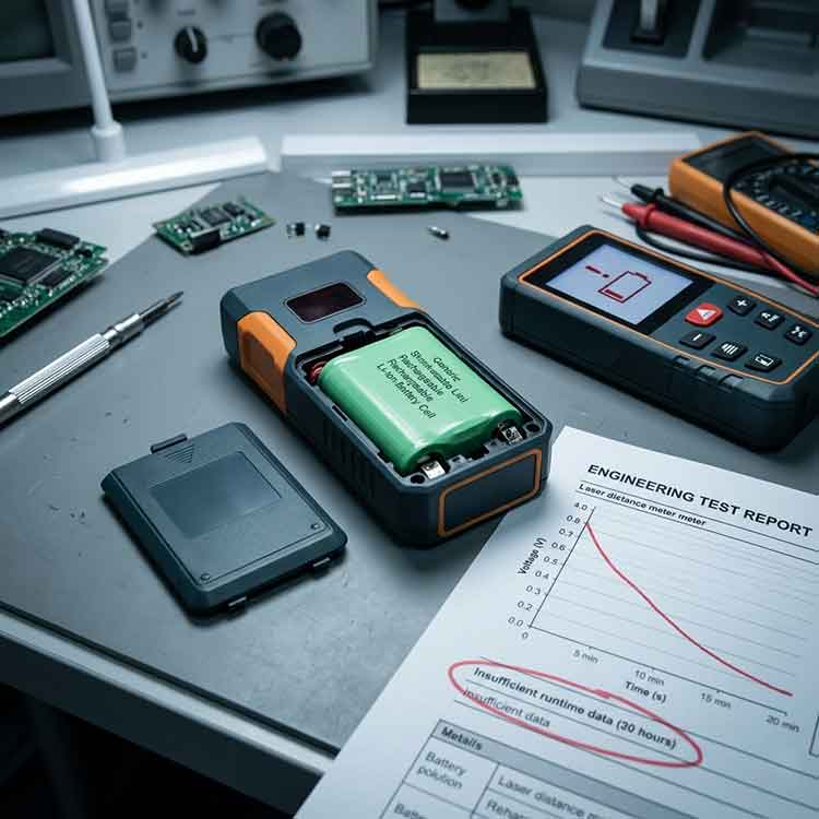 Himax electronics laser rangefinder battery performance chart showing 3000 to 5000 measurements per charge with fast recovery low internal resistance