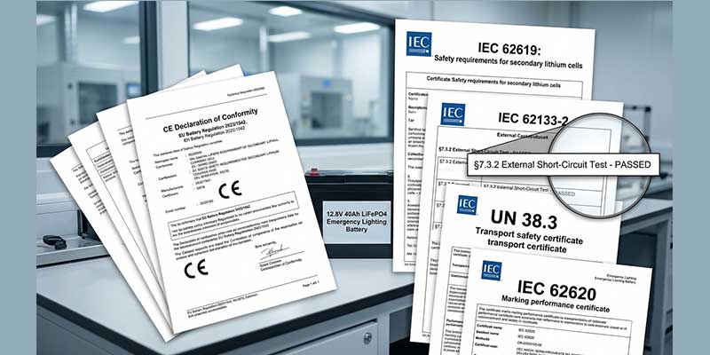 IEC 62619, IEC 62133-2, IEC 62620, and UN 38.3 certification documents alongside CE Declaration of Conformity for the 12.8V 40Ah LiFePO4 emergency lighting battery, confirming compliance with EU Battery Regulation 2023/1542