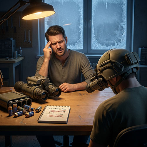 Bulky night vision device with CR123A cells causing front-heavy imbalance and short 4-hour runtime highlighting need for Himax electronics compact 18650 battery solution.