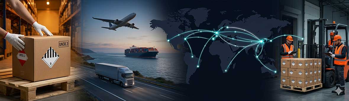 Himax electronics rugged smartphone battery global logistics with UN38.3 certified packaging air sea ground transport and glowing trade routes from Asia to Europe North America.
