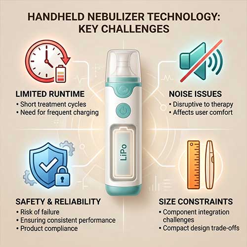 Key challenges of handheld nebulizer batteries: limited runtime and frequent charging, noise issues affecting therapy comfort, safety and reliability risks, and size constraints for compact device integration