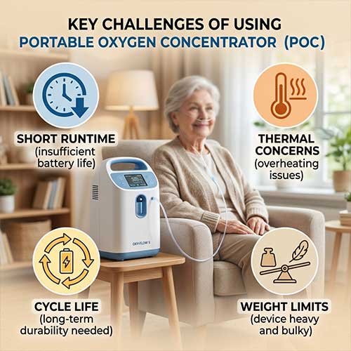 Key challenges of portable oxygen concentrator batteries: short runtime, thermal concerns, cycle life durability, and weight limits