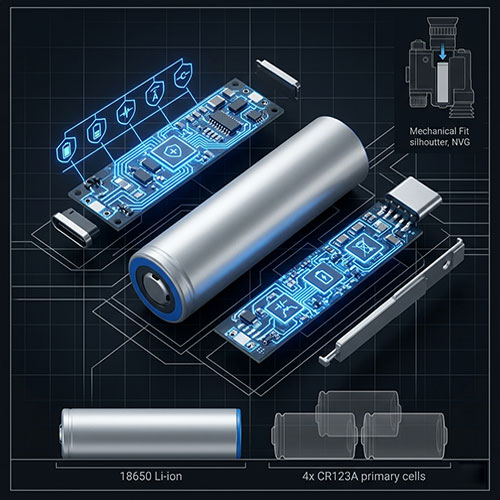 Himax electronics 18650 2500mAh Li-ion cell exploded view with protection PCB board replacing 4x CR123A batteries for compact custom night vision goggle integration.
