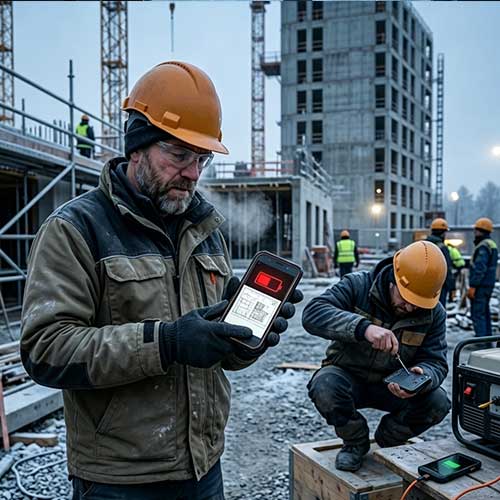 Construction worker facing rugged phone battery low charge at 12% and difficult non-swappable design highlighting need for Himax electronics long-life 6000mAh field-serviceable pack.