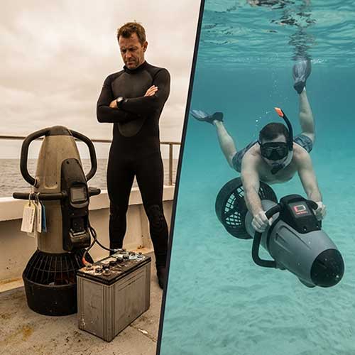 Himax underwater scooter battery enduring extreme 40-meter high-pressure deep sea test showing thermal stress and O-ring waterproof challenge identification.