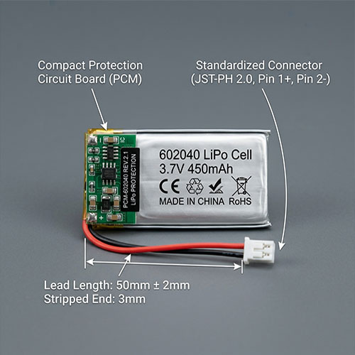 Himax electronics 602040 LiPo cell 3.7V 450mAh with JST-PH 2.0 connector, compact PCM protection circuit, CE and RoHS certified for blood pressure monitors