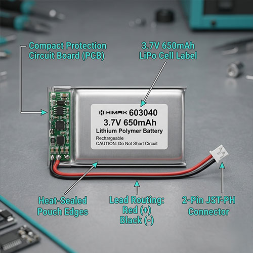 Himax electronics 603040 LiPo battery 3.7V 650mAh for handheld nebulizers with compact protection circuit board, 2-pin JST-PH connector, red positive and black negative leads