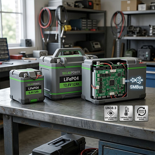 Himax electronics LiFePO4 solar power batteries 12.8V 12Ah and 6.4V 5Ah with SMBus, UN38.3 certified, 2000+ cycle life, thermal test badge