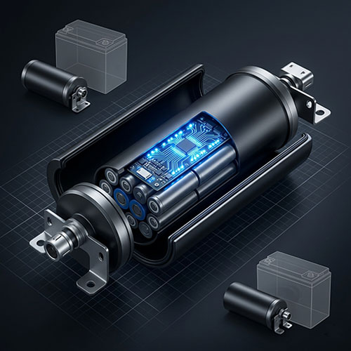 Himax electronics 12V 25Ah lithium battery exploded technical view with cylindrical cells arrangement BMS blue LED status and IP68 pressure-resistant housing with cooling fins.