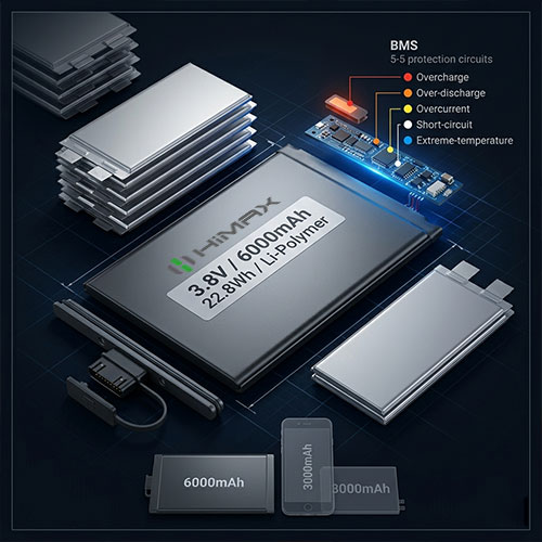 Himax electronics 3.8V 6000mAh Li-Polymer rugged smartphone battery exploded view with parallel pouch cells and 5-circuit BMS overcharge protection in compact chassis.