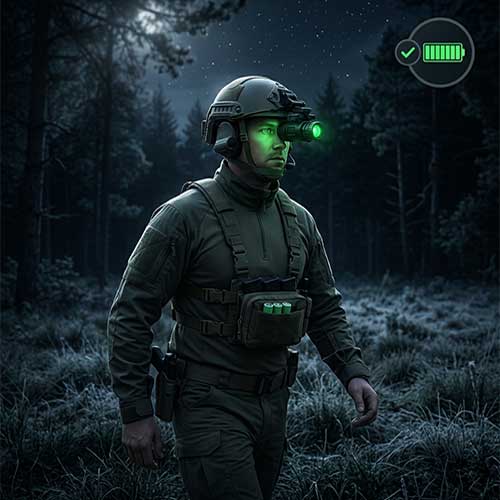 Confident hunter with lightweight helmet-mounted NVG powered by Himax electronics 18650 battery and spare cells in chest rig ensuring all-night cold weather mission success.