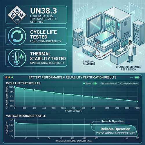 Himax electronics blood pressure monitor battery UN38.3 certified, 2000+ cycle life test results, thermal stability tested, and voltage discharge profile from 4.2V to 3.0V proving durability
