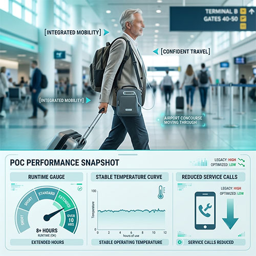 Himax electronics integrated mobility POC performance snapshot with runtime gauge, stable temperature curve, extended hours, and reduced service calls