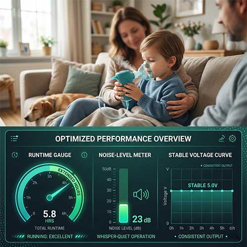 Himax electronics nebulizer battery optimized performance overview with runtime gauge showing 5.8 hours total, noise level meter at 23 dB whisper-quiet operation, and stable 5.0V constant voltage output curve