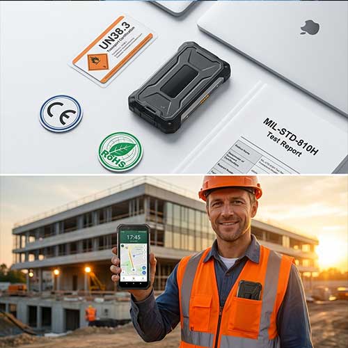 Himax electronics rugged smartphone battery compliance certification UN38.3 CE RoHS and real-world field validation with 41% charge after 14-hour shift and field-serviceable spare pack.