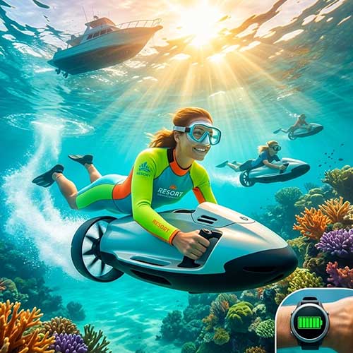 Confident dry-suit diver surging with Himax electronics underwater scooter generating powerful white cavitation thrust wake and confirming 85 minutes of validated mission runtime.