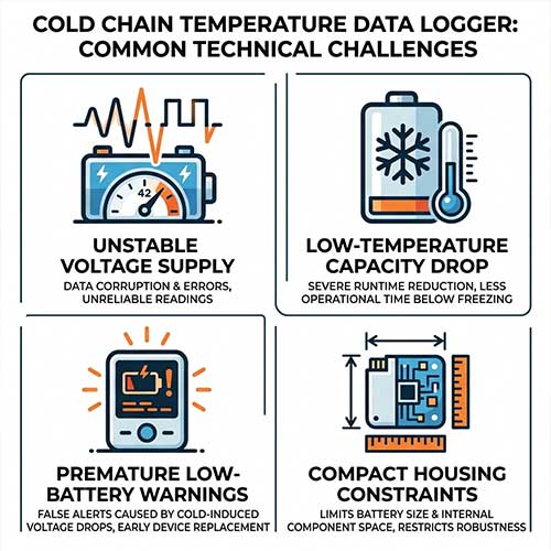 Cold chain monitoring device facing unstable voltage and reduced capacity in low temperatures requiring a compact and reliable lithium battery