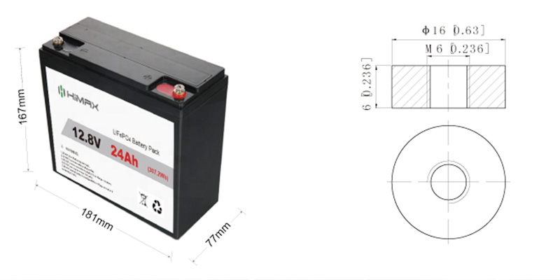 181x77x167mm dimensions of a 12.8V 24Ah LiFePO4 battery pack for outdoor lighting
