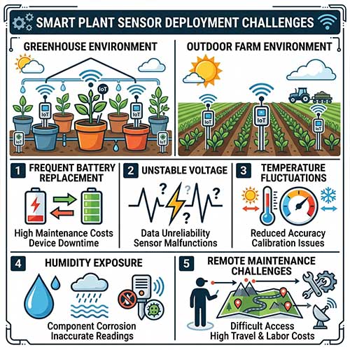 Smart plant sensors facing remote maintenance issues, unstable voltage, temperature changes and humidity exposure requiring long-life IoT battery solutions